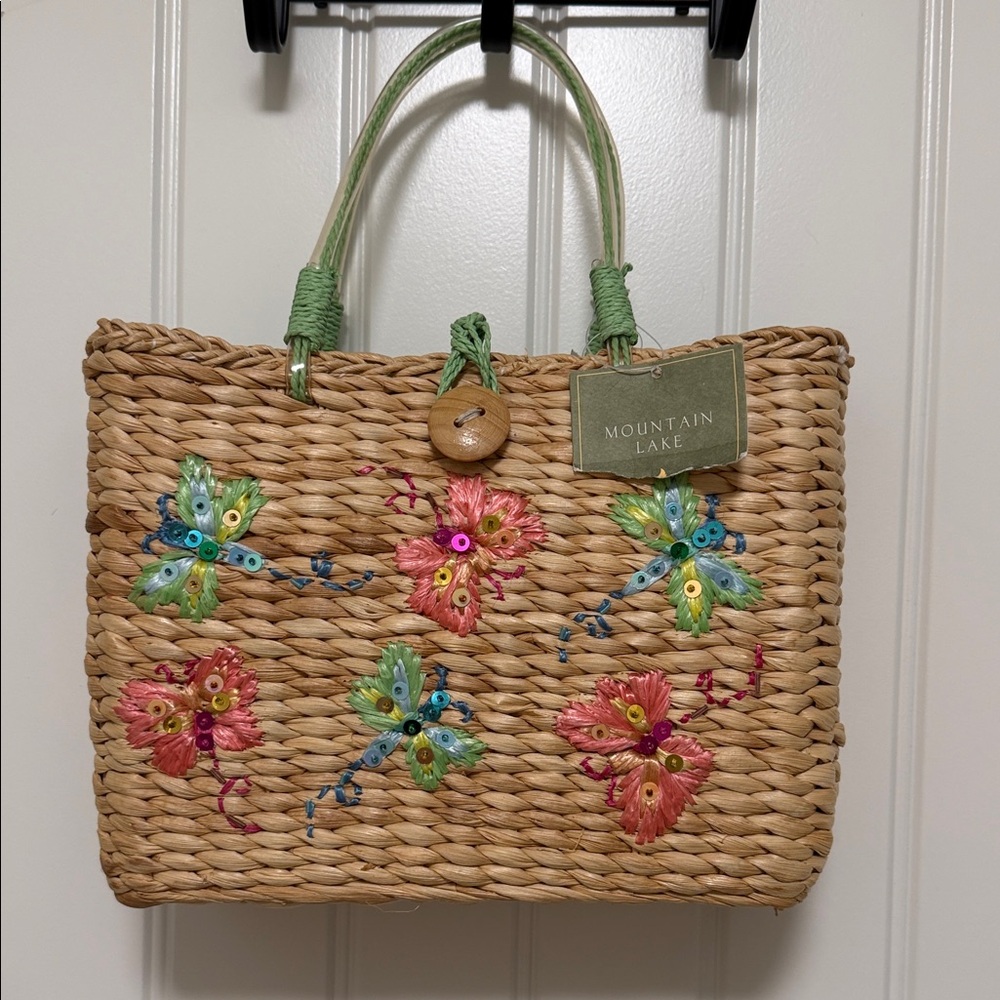 Mountain Lake Woven Tote with Colorful Floral Design